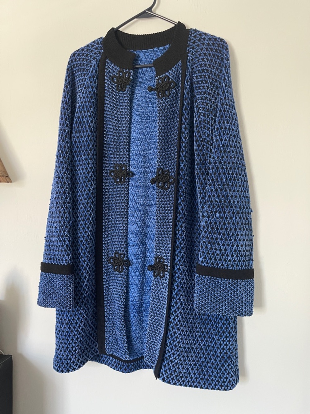 Blue Textured Open-Front Cardigan with Black Trim